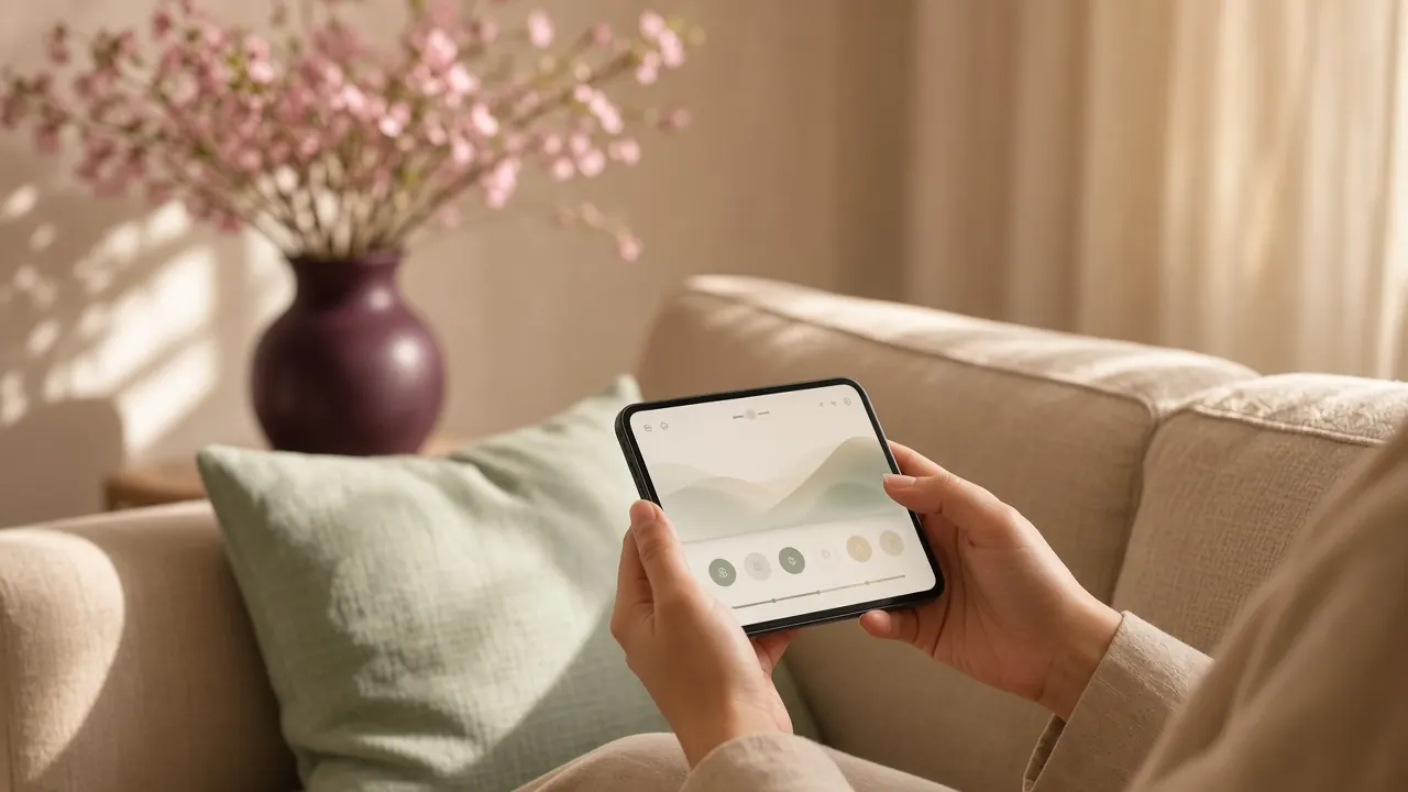 Reviewing Menovia Care on a phone at home